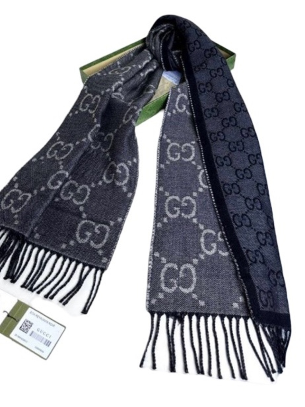 Gucci Double-Sided GG Jacquard Fringed Blue & Denim Long Scarf